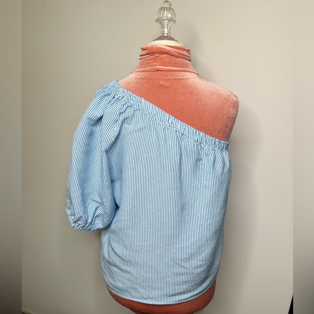Loft Linen blend Striped One-Shoulder Top Blue White Women’s Size Large - Picture 5 of 12